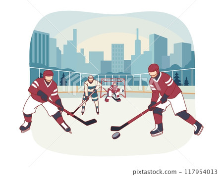 Ice hockey. Athletes in uniform skating with clubs, attackers aiming at goal, goalkeeper repels attacks, team sports game, tournament or championship cartoon flat isolated vector concept Ice hockey. Athletes in uniform skating with clubs, attackers aiming at goal, goalkeeper repels attacks, team sports game, tournament or championship cartoon flat isolated vector concept 117954013