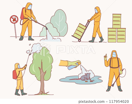 Pest control service. Professionals exterminate insects and rodents, spraying with pesticide chemicals, treatment with poisons and gases, using fumigation and baiting cartoon flat vector set 117954020