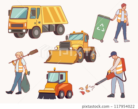 Street cleaning machines. Ridding city of garbage, cleaners and appliances, professional janitors in uniform and removing cars, vacuum equipment cartoon flat isolated illustration, vector set 117954022