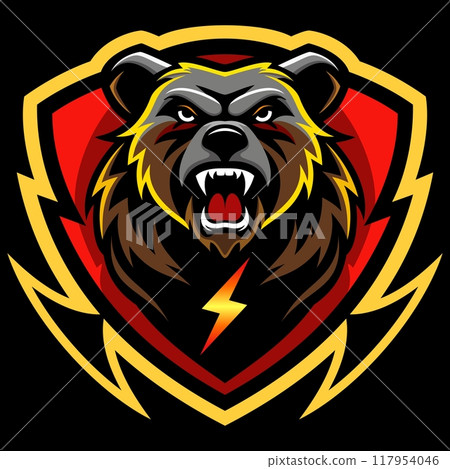 A grizzly bear logo and thunder icon on a shield, badge, mascot. use for decoration a basketball team logo, a football team, or a sports team, isolated on black background. A grizzly bear logo and thunder icon on a shield, badge, mascot. use for decoration a basketball team logo, a football team, or a sports team, isolated on black background. 117954046