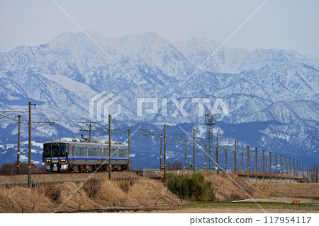 兩列521系列普通列車以立山為背景行駛 兩列521系列普通列車以立山為背景行駛 117954117