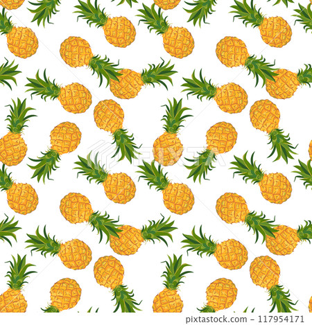 Vector seamless pattern with pineapples on white background. Perfect for Hawaiian style textile print, summer party design, juice packaging. Tropical fruits in flat style. Vector seamless pattern with pineapples on white background. Perfect for Hawaiian style textile print, summer party design, juice packaging. Tropical fruits in flat style. 117954171