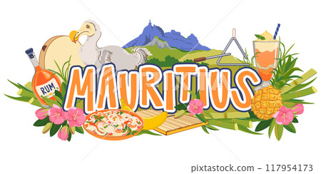 Mauritius emblem, island landmarks in flat style. Vector sugar cane, Mount Peter, endemic bird Dodo, flowers Trochezia boutoniana, pineapple, falooda, millionaire salad, musical instruments Sega. Mauritius emblem, island landmarks in flat style. Vector sugar cane, Mount Peter, endemic bird Dodo, flowers Trochezia boutoniana, pineapple, falooda, millionaire salad, musical instruments Sega. 117954173