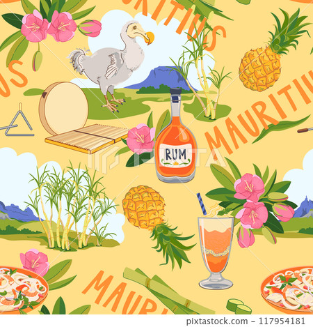 Seamless pattern with Mauritius landmarks in flat style. Vector sugar cane, Mount Peter, Dodo bird, Trochezia budoniana flowers, pineapple, falooda, millionaire salad, Sega music instruments 117954181