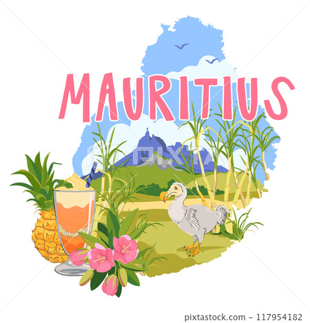 Mauritius map and famous landmarks of the island in flat style. Vector sugar cane, Mount Peter, Dodo endemic extinct bird, Mauritius trochetia boutoniana Flowers, pineapple, falooda cocktail. 117954182