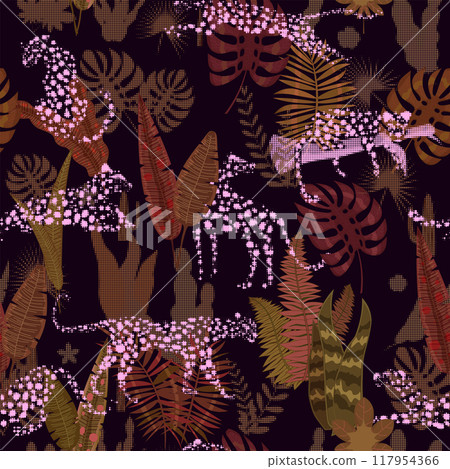 Leopard seamless pattern with tropical leaves 117954366