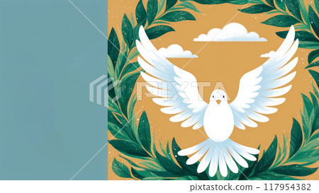 A White Dove with Olive Branch Over a Globe for International Day of Peace A White Dove with Olive Branch Over a Globe for International Day of Peace 117954382