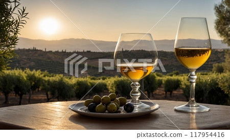 Sherry Glass with Olives and Andalusian Vineyard View 117954416
