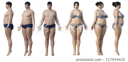 Illustration set of a fat man and a chubby woman. Realistic and three-dimensional 3D model of the whole body, front, side, and diagonal Illustration set of a fat man and a chubby woman. Realistic and three-dimensional 3D model of the whole body, front, side, and diagonal 117954420