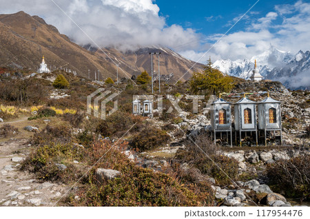 Water powered prayer wheel on the way to Kyangjin Kharka village in Langtang National park in Nepal. 117954476
