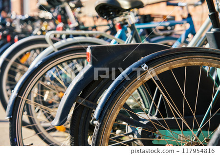 Many bicycles parked at a public bike rack in Copenhagen. Bike parking in Copenhagen. Concept of sustainable transportation and modern urban living in Denmark Many bicycles parked at a public bike rack in Copenhagen. Bike parking in Copenhagen. Concept of sustainable transportation and modern urban living in Denmark 117954816
