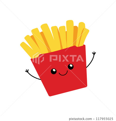 French Fries Sticks Fast Food in Package Box with Cute Funny Happy Face French Fries Sticks Fast Food in Package Box with Cute Funny Happy Face 117955025