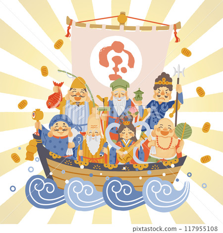 A simple and cute illustration of the Seven Lucky Gods and a treasure ship 117955108