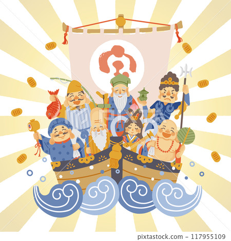 A simple and cute illustration of the Seven Lucky Gods and a treasure ship 117955109