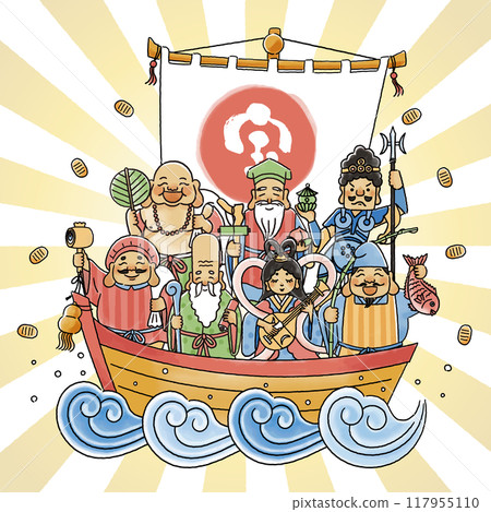 A simple and cute illustration of the Seven Lucky Gods and a treasure ship A simple and cute illustration of the Seven Lucky Gods and a treasure ship 117955110