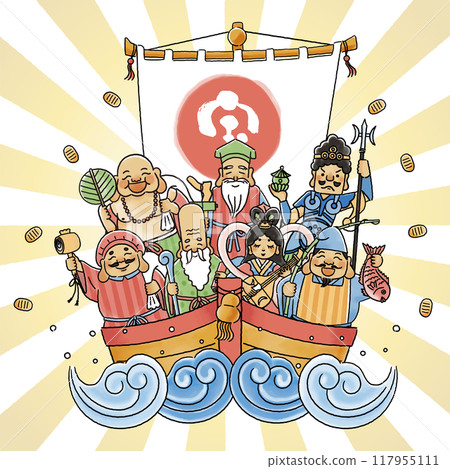 七福神與寶船簡單可愛插畫 七福神與寶船簡單可愛插畫 117955111