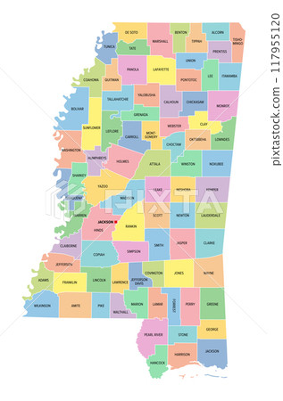 Mississippi, U.S. state, subdivided into 82 counties, multi colored political map with capital Jackson, borders and county names. State in the Southeastern region of USA, nicknamed The Magnolia State. 117955120