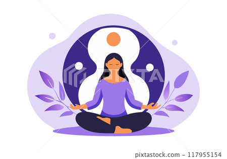 A peaceful vector illustration of a woman meditating in a lotus pose, surrounded by the yin-yang symbol and leaves. Ideal for designs related to yoga, balance, and mindfulness. A peaceful vector illustration of a woman meditating in a lotus pose, surrounded by the yin-yang symbol and leaves. Ideal for designs related to yoga, balance, and mindfulness. 117955154