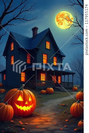 萬聖節南瓜燈籠與滿月 117955174