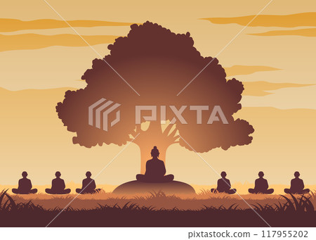 lord of buddha and monks meditation under bodhi tree lord of buddha and monks meditation under bodhi tree 117955202