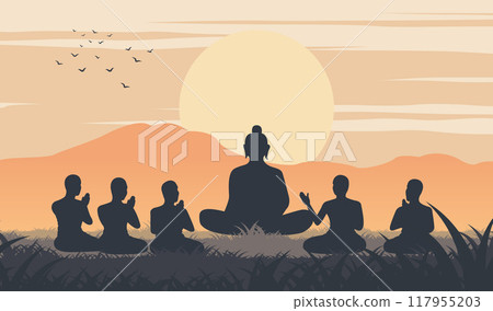 Lord of Buddha sermon to five ascetics and was enlighten become first monk of Buddhism,silhouette design 117955203