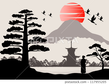 Japanese art with ancient design of kimono woman looks to the pagoda 117955205