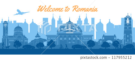 Romania famous landmarks in the city and park by silhouette style Romania famous landmarks in the city and park by silhouette style 117955212