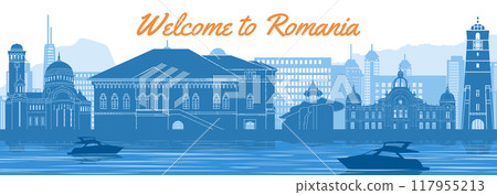 romania famous landmark silhouette style behind river and boat and in front of towers 117955213