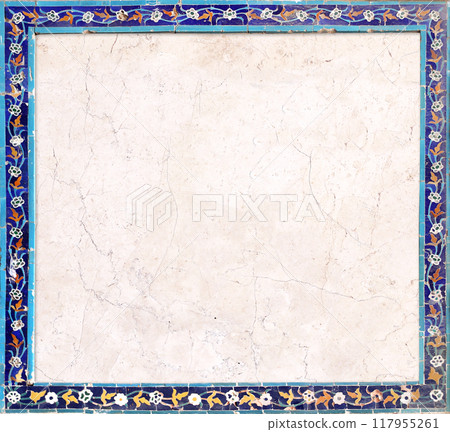 Vertical background with detail of ancient mosaic walls with floral and geometric ornament. Traditional tile decoration on wall, Samarkand, Uzbekistan Vertical background with detail of ancient mosaic walls with floral and geometric ornament. Traditional tile decoration on wall, Samarkand, Uzbekistan 117955261