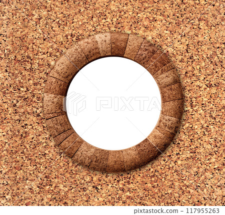Horizontal background with round cork frame on cork texture of brown color. Natural material backdrop with copy space for text 117955263