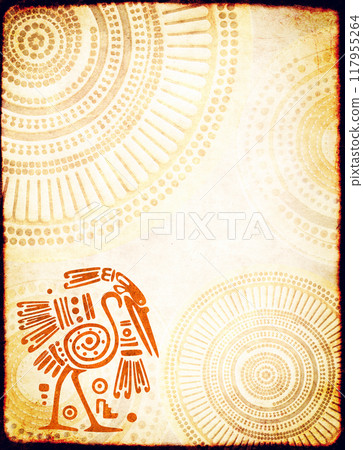 Vertical grunge background with border and bird, ethnicity ornament and paper texture. Retro backdrop with african tribal motifs frame. Mock up template. Copy space for text Vertical grunge background with border and bird, ethnicity ornament and paper texture. Retro backdrop with african tribal motifs frame. Mock up template. Copy space for text 117955264