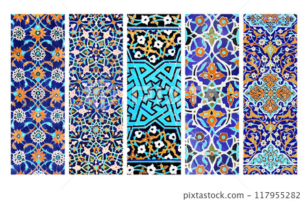 Set of vertical or horizontal banners with detail of ancient mosaic walls with floral and geometric ornaments. Collection of backgrounds with traditional iranian tile decorations 117955282