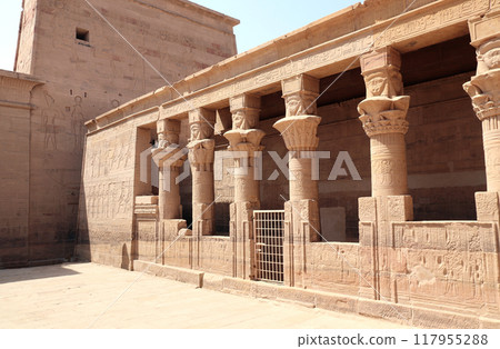 Ancient Egyptian stone columns, Temple of Isis on Agilkia Island (Philae), reservoir of Aswan Low Dam, Egypt Ancient Egyptian stone columns, Temple of Isis on Agilkia Island (Philae), reservoir of Aswan Low Dam, Egypt 117955288