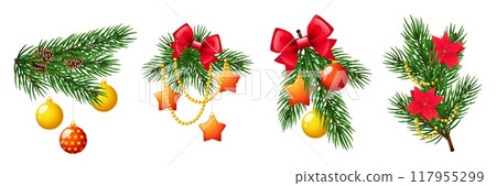 Christmas branches with holiday toys. New year decorations on pine twigs, glass balls, stars, bows, plant cones and beads, xmas tree 3d graphic, realistic isolated vector winter botany set Christmas branches with holiday toys. New year decorations on pine twigs, glass balls, stars, bows, plant cones and beads, xmas tree 3d graphic, realistic isolated vector winter botany set 117955299