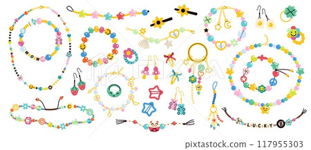 Friendship kids beads. Plastic colored beads with letters, emoticons, flowers, pacifiers, handmade cute bracelets, jewelry and bijouterie isolated funny handicraft accessories tidy vector set Friendship kids beads. Plastic colored beads with letters, emoticons, flowers, pacifiers, handmade cute bracelets, jewelry and bijouterie isolated funny handicraft accessories tidy vector set 117955303