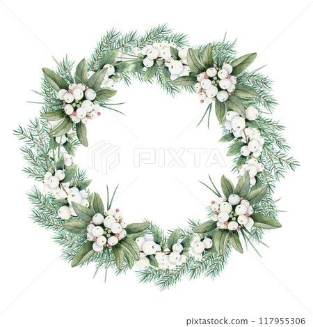 Christmas pine tree wreath with fir branches and snowberry white berries watercolor isolated illustration. Hand drawn round frame with traditional winter plants, botanical clipart for New Year holiday Christmas pine tree wreath with fir branches and snowberry white berries watercolor isolated illustration. Hand drawn round frame with traditional winter plants, botanical clipart for New Year holiday 117955306