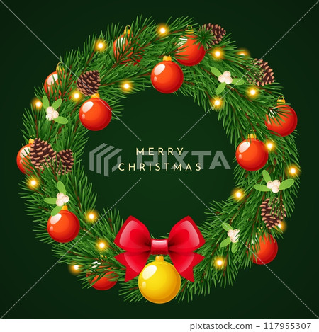 Holiday christmas wreath. New year decoration for front door, fir twigs in ring, glass balls, bows and light bulbs garlands, realistic isolated elements for xmas interior, vector concept Holiday christmas wreath. New year decoration for front door, fir twigs in ring, glass balls, bows and light bulbs garlands, realistic isolated elements for xmas interior, vector concept 117955307