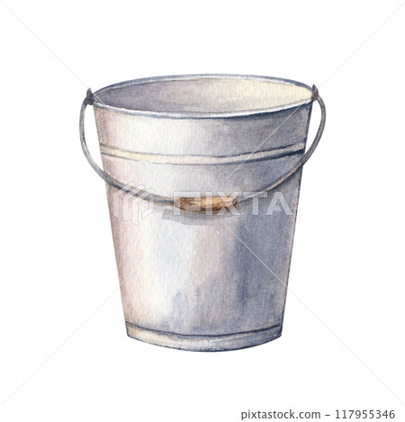 Watercolor metal garden bucket with wooden handle. Hand drawn illustration isolated on white background. For clip art label Watercolor metal garden bucket with wooden handle. Hand drawn illustration isolated on white background. For clip art label 117955346