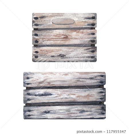Set of empty wooden boxes for plants, vegetables, fruits. Hand drawn watercolor illustration. Isolated on white background. For clip art label package Set of empty wooden boxes for plants, vegetables, fruits. Hand drawn watercolor illustration. Isolated on white background. For clip art label package 117955347