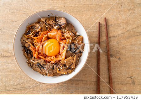 pork bulgogi rice bowl with kimchi and Korean pickled egg 117955419