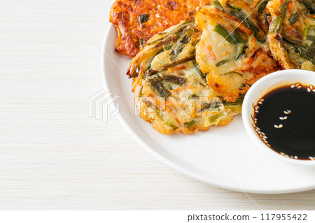 Pajeon or Korean pancake and Korean Kimchi pancake or Kimchijeon on white background 117955422