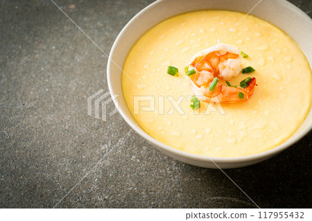 Steamed egg with shrimp and spring onions 117955432