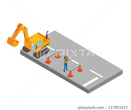 Road construction and a man directing traffic 117955471