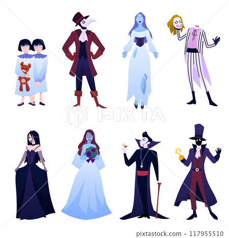Vector Illustration of set with gothic ghost characters on isolated background. 117955510