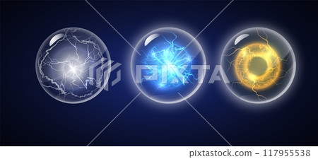 Lightning ball and ring in sphere shield vector set, plasma sphere, glowing fireball in defense shell, light flash flare 117955538