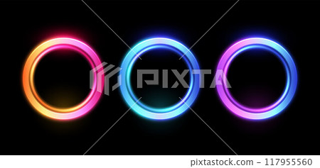 Neon glowing circles in bright colors on an isolated black background. 117955560