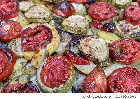 Freshly Roasted Seasonal Vegetables.A close-up photograph that captures the rich colors and textures of freshly roasted seasonal vegetables. Freshly Roasted Seasonal Vegetables.A close-up photograph that captures the rich colors and textures of freshly roasted seasonal vegetables. 117955565