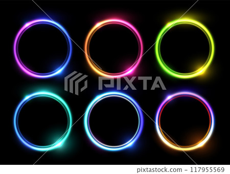 Vector set of abstract glowing circles with sparkling highlights isolated on black background. Vector set of abstract glowing circles with sparkling highlights isolated on black background. 117955569