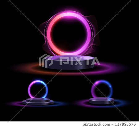 Set of vector pedestals with neon circles for advertising or playful design. 117955570