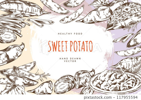Vector hand drawn illustration of frame with Japanese sweet potato. Vector hand drawn illustration of frame with Japanese sweet potato. 117955594